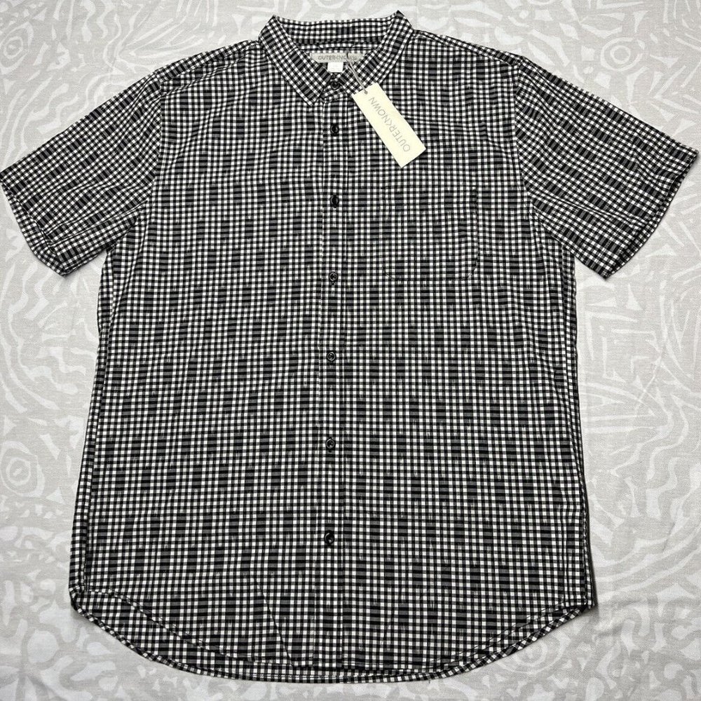 Outerknown S.E.A. S/S Shirt Button Up Black Ikat Gingham Plaid Men’s Large NWT